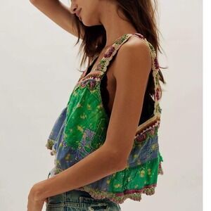 Magnolia Pearl Crochet Ruffle Cami Cropped Tank Green Pink Floral Patchwork NWT